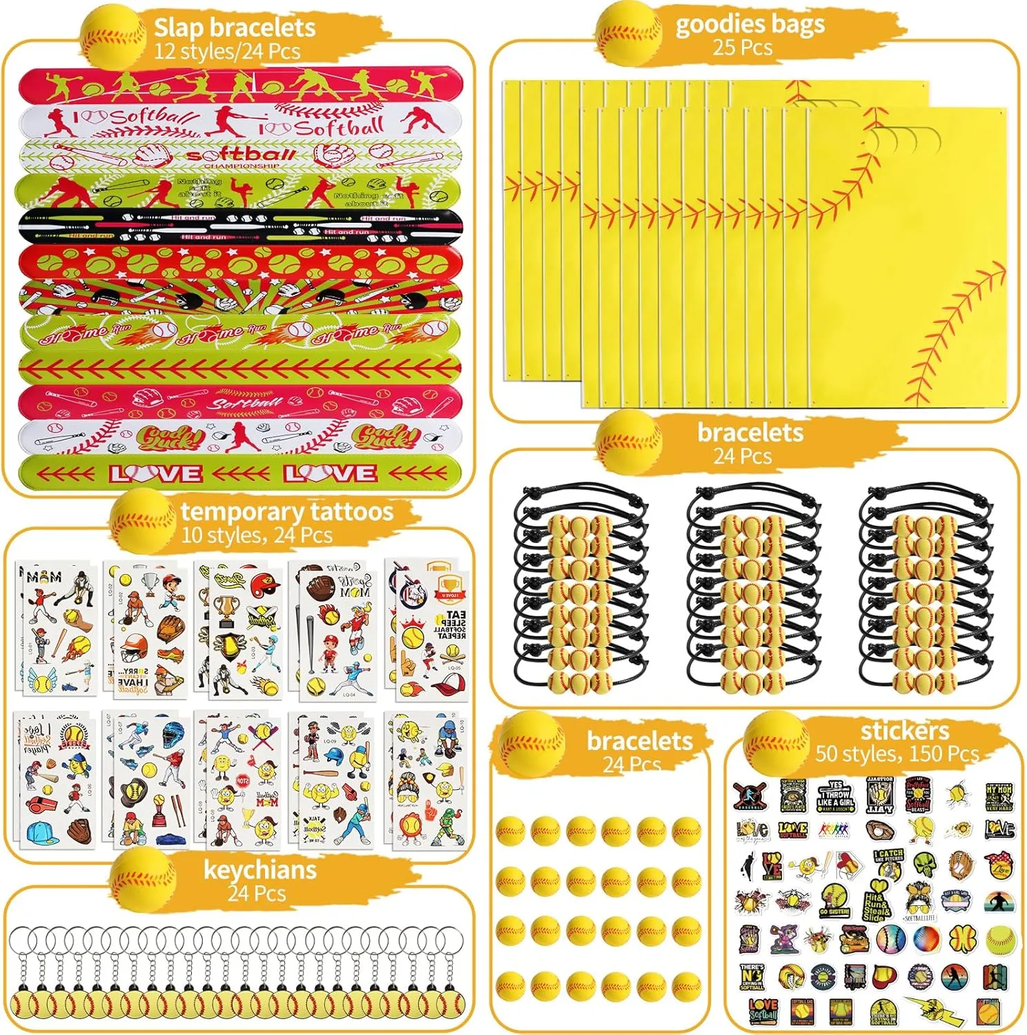 Kolewo4ever 295 Pieces Softball Party Favors Softball Themed Birthday Gift Goodie Bags Party Faovrs 24 Set Mini Foam Stress Balls,Slap Bracelet, Keychain, Charm Bracelets (Softball)