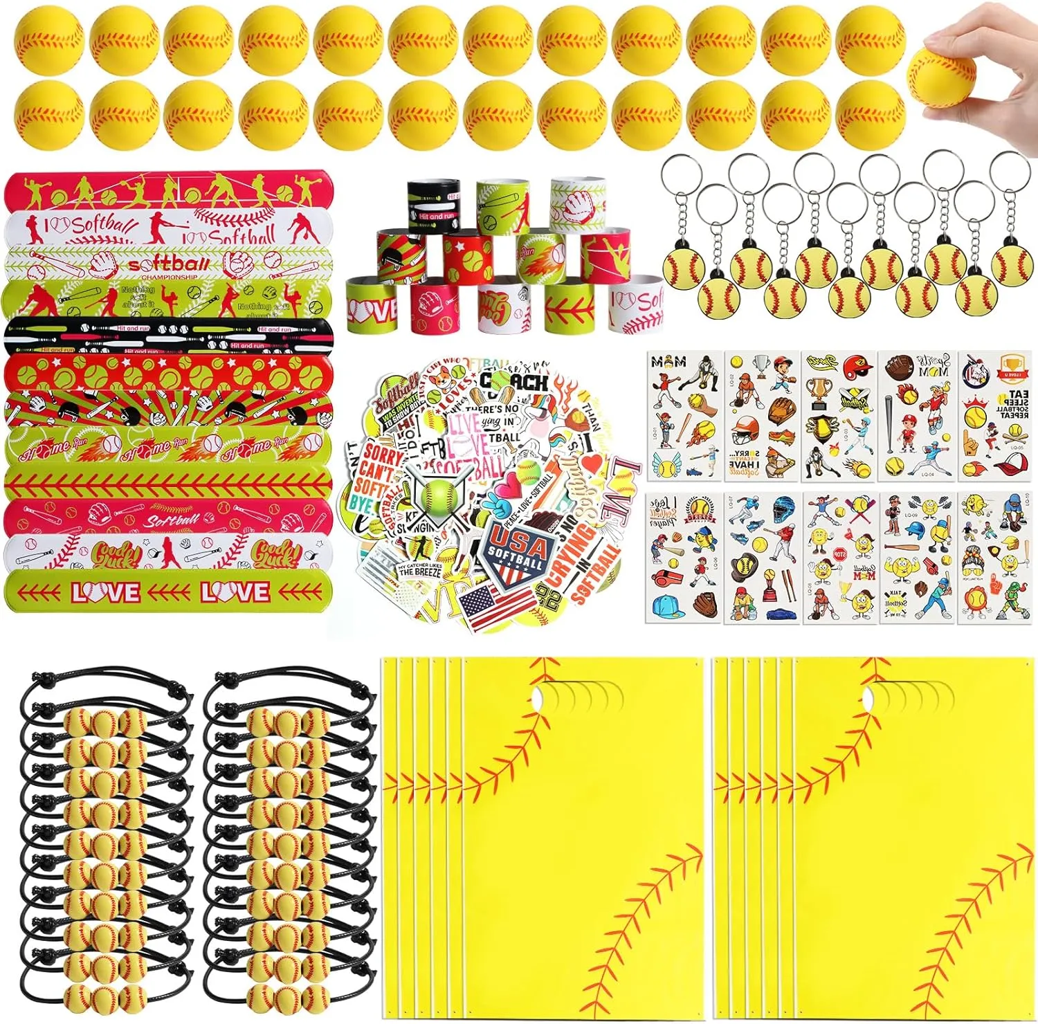 Kolewo4ever 295 Pieces Softball Party Favors Softball Themed Birthday Gift Goodie Bags Party Faovrs 24 Set Mini Foam Stress Balls,Slap Bracelet, Keychain, Charm Bracelets (Softball)