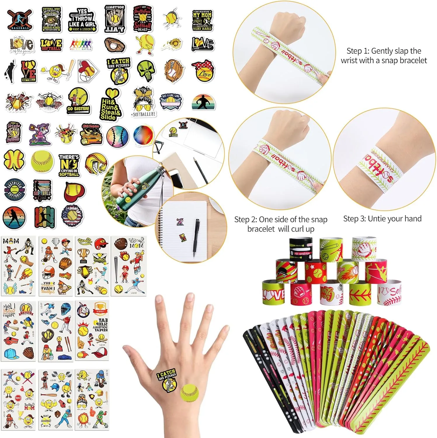 Kolewo4ever 295 Pieces Softball Party Favors Softball Themed Birthday Gift Goodie Bags Party Faovrs 24 Set Mini Foam Stress Balls,Slap Bracelet, Keychain, Charm Bracelets (Softball)