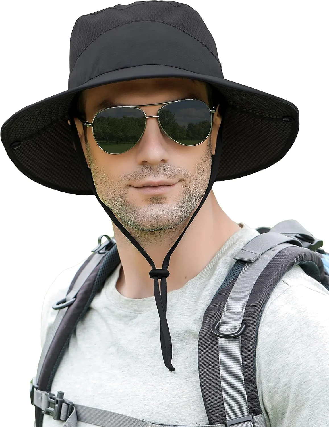 Koreshion Mens Sun Hat Wide Brim Breathable Mesh UPF 50  Waterproof Fishing Hat Safari Hat Foldable Boonie Cap