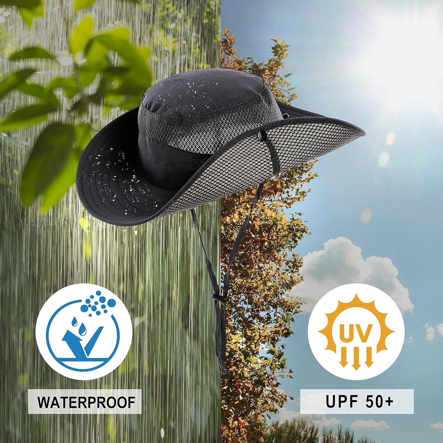 Koreshion Mens Sun Hat Wide Brim Breathable Mesh UPF 50  Waterproof Fishing Hat Safari Hat Foldable Boonie Cap