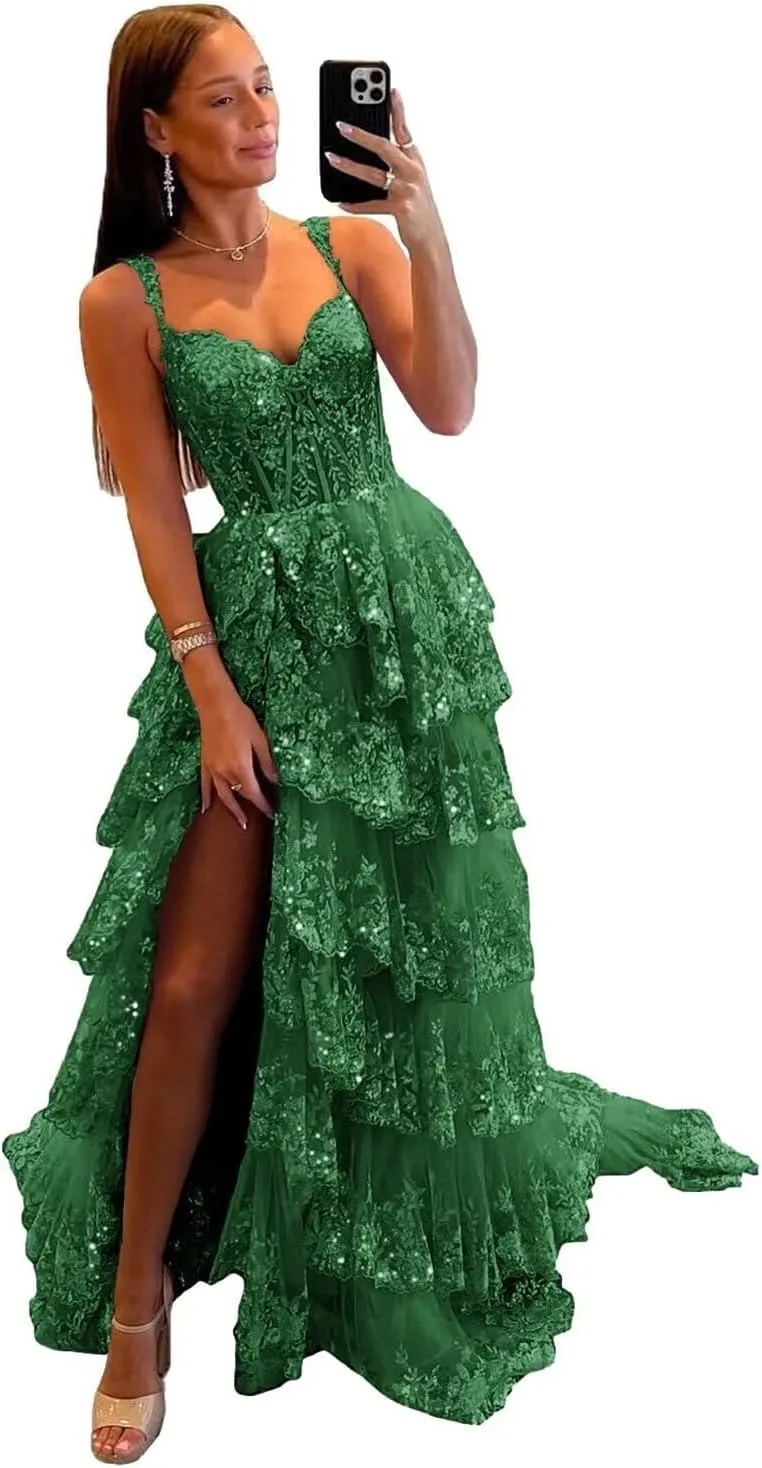 Lace Tulle Tiered Prom Dresses 2025 Long Slit Spaghetti Straps Sparkly Corset Formal Evening Party Gowns