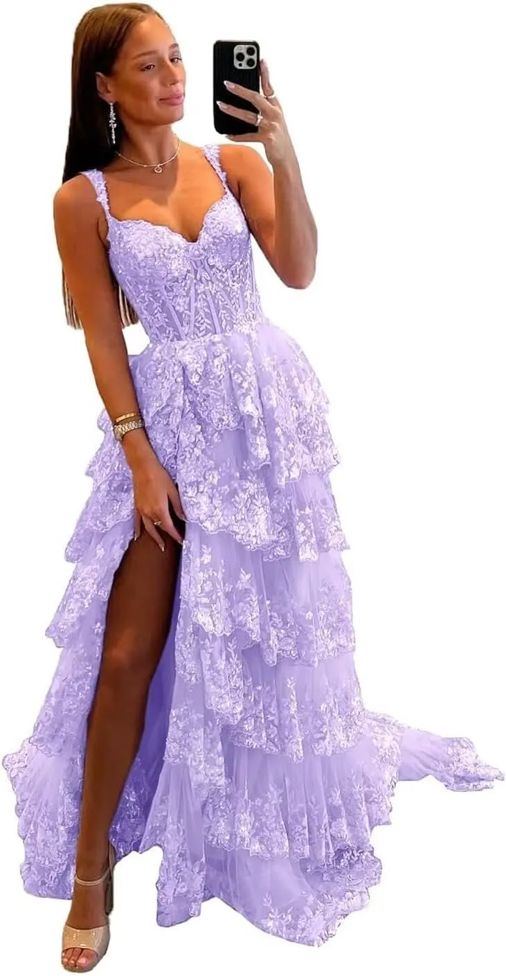 Lace Tulle Tiered Prom Dresses 2025 Long Slit Spaghetti Straps Sparkly Corset Formal Evening Party Gowns