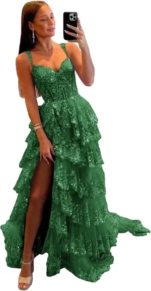 Lace Tulle Tiered Prom Dresses 2025 Long Slit Spaghetti Straps Sparkly Corset Formal Evening Party Gowns