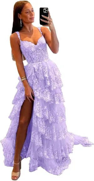 Lace Tulle Tiered Prom Dresses 2025 Long Slit Spaghetti Straps Sparkly Corset Formal Evening Party Gowns