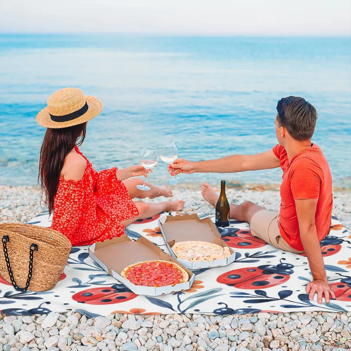 Ladybugs Beach Blanket, Sandproof Beach Mat, Adults Waterproof Quick Drying Sand Free Mat with 4 x Ground Spikes for Outdoor Travel Camping Hiking, Spring Floral