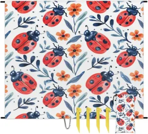Ladybugs Beach Blanket, Sandproof Beach Mat, Adults Waterproof Quick Drying Sand Free Mat with 4 x Ground Spikes for Outdoor Travel Camping Hiking, Spring Floral