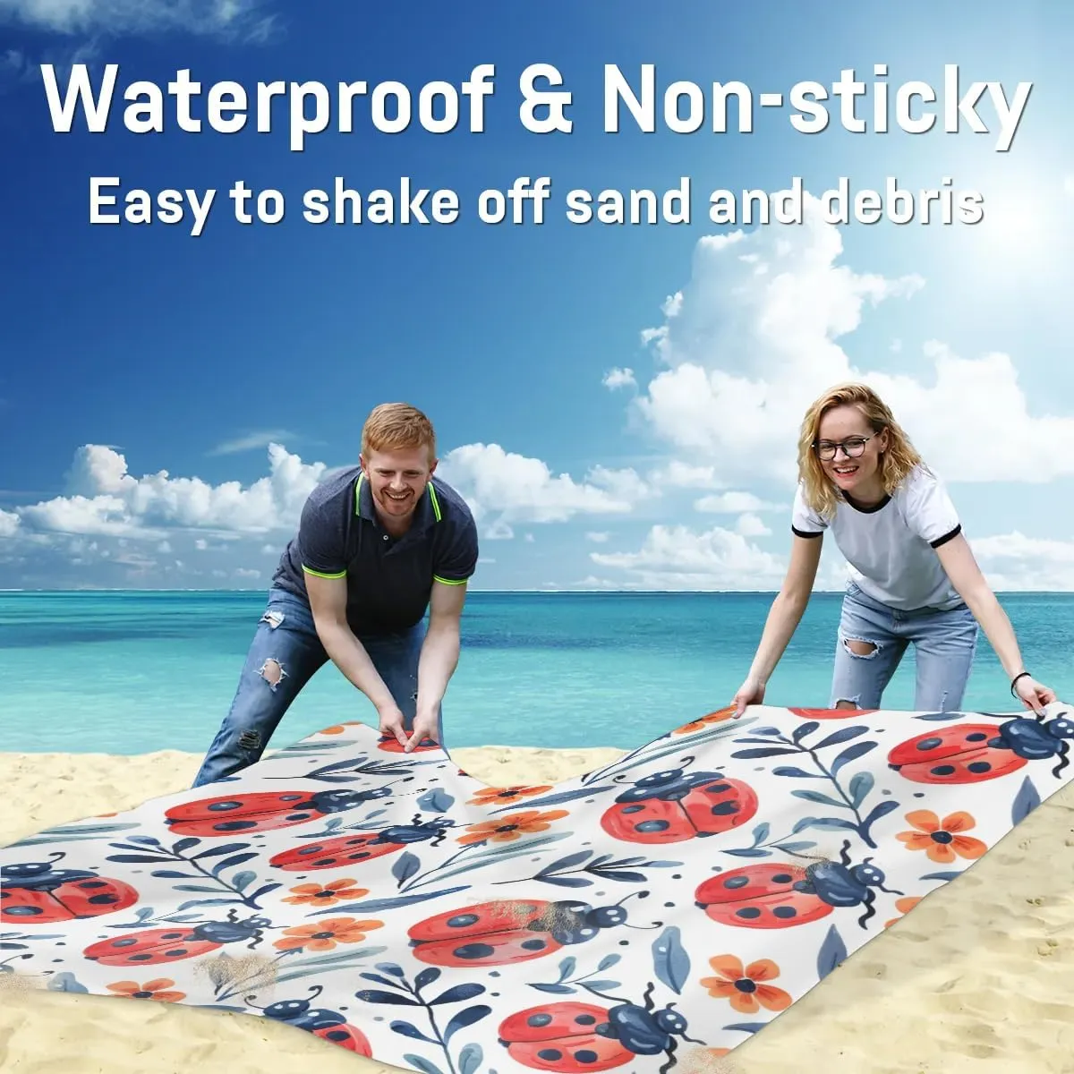 Ladybugs Beach Blanket, Sandproof Beach Mat, Adults Waterproof Quick Drying Sand Free Mat with 4 x Ground Spikes for Outdoor Travel Camping Hiking, Spring Floral