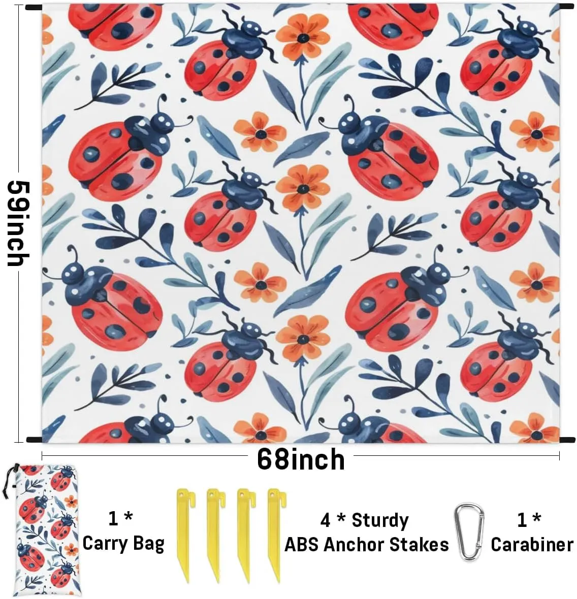 Ladybugs Beach Blanket, Sandproof Beach Mat, Adults Waterproof Quick Drying Sand Free Mat with 4 x Ground Spikes for Outdoor Travel Camping Hiking, Spring Floral
