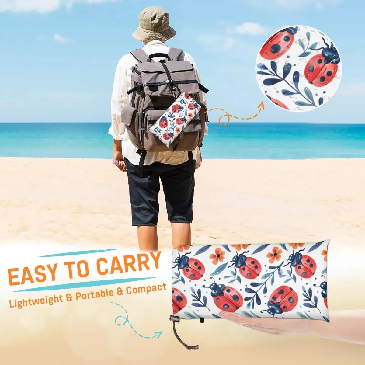 Ladybugs Beach Blanket, Sandproof Beach Mat, Adults Waterproof Quick Drying Sand Free Mat with 4 x Ground Spikes for Outdoor Travel Camping Hiking, Spring Floral