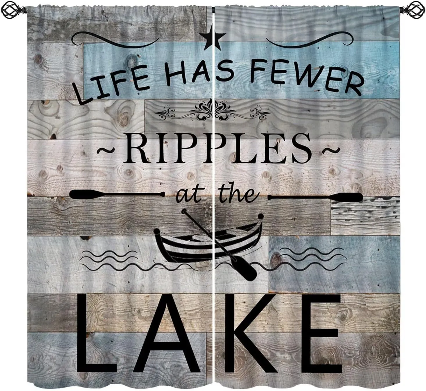 Lake Life Window Curtain, Inspirational Quotes Print Window Treatments for Kids Boys, Retro Lakeside Cabin Fishing Camping Farmhouse Blackout Drapes for Bedroom Living Room Kitchen W42xL63in
