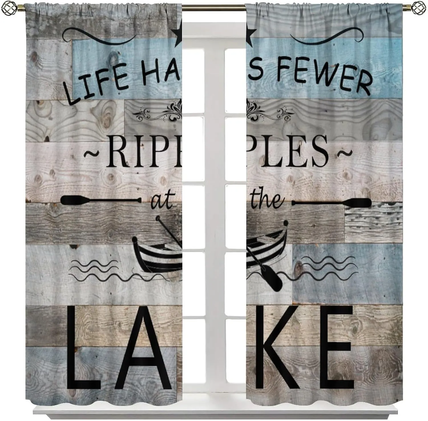 Lake Life Window Curtain, Inspirational Quotes Print Window Treatments for Kids Boys, Retro Lakeside Cabin Fishing Camping Farmhouse Blackout Drapes for Bedroom Living Room Kitchen W42xL63in