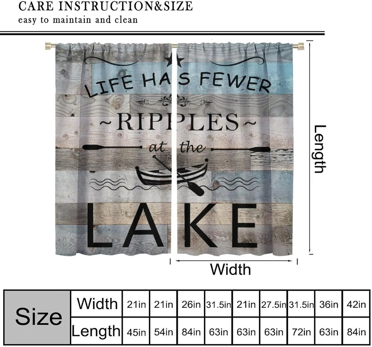 Lake Life Window Curtain, Inspirational Quotes Print Window Treatments for Kids Boys, Retro Lakeside Cabin Fishing Camping Farmhouse Blackout Drapes for Bedroom Living Room Kitchen W42xL63in
