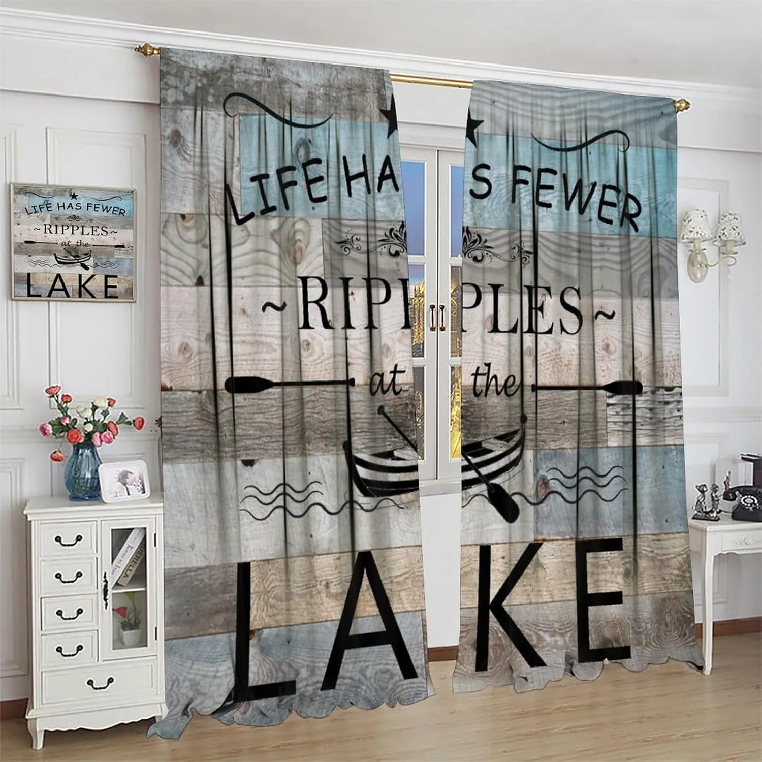 Lake Life Window Curtain, Inspirational Quotes Print Window Treatments for Kids Boys, Retro Lakeside Cabin Fishing Camping Farmhouse Blackout Drapes for Bedroom Living Room Kitchen W42xL63in