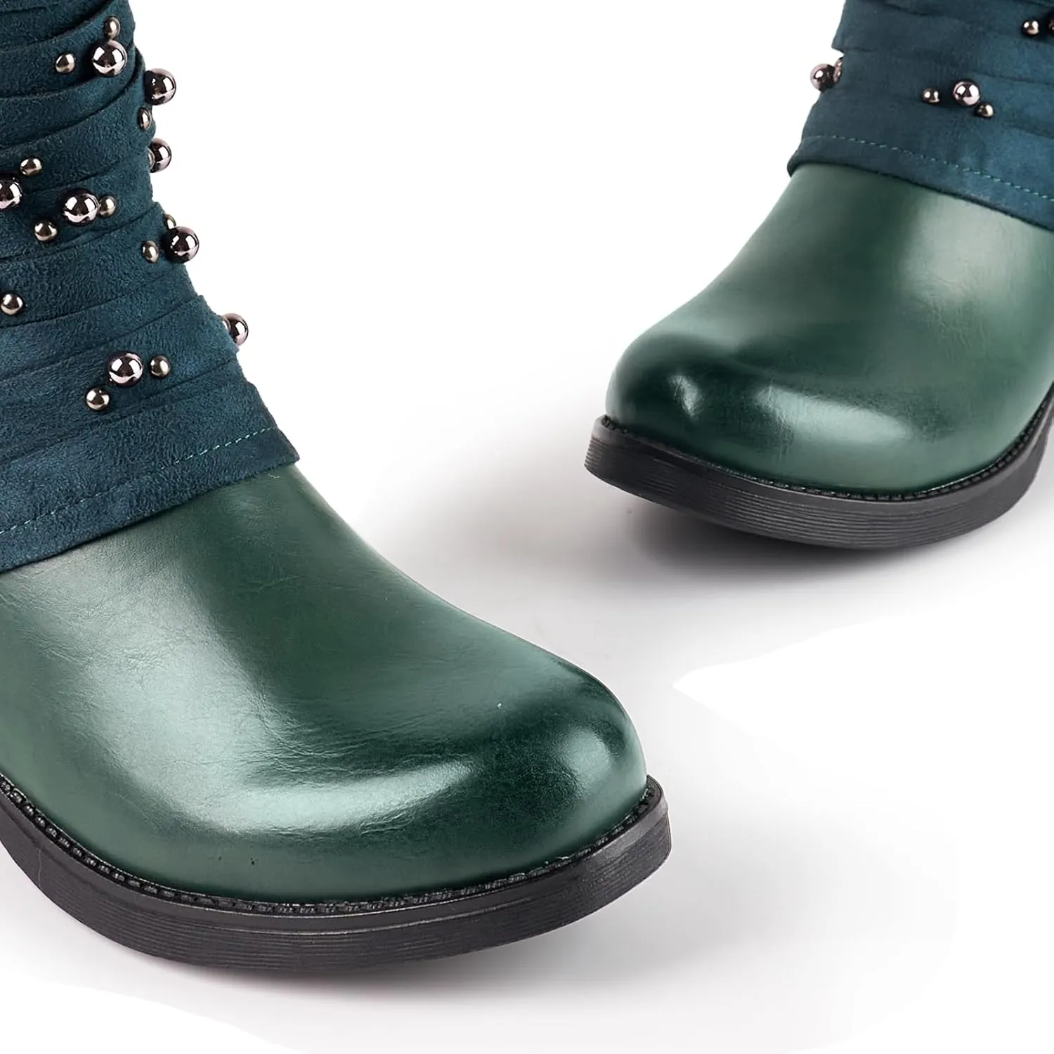 LALA IKAI Women's Combat Boots Motorcycle Ankle Fashion Boots with Studded Low Block Chunky Heels Biker Booties Shoes