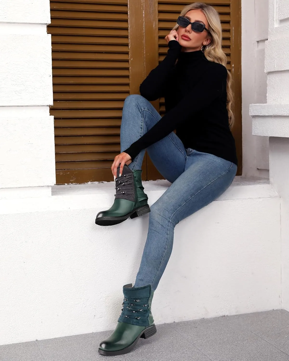 LALA IKAI Women's Combat Boots Motorcycle Ankle Fashion Boots with Studded Low Block Chunky Heels Biker Booties Shoes