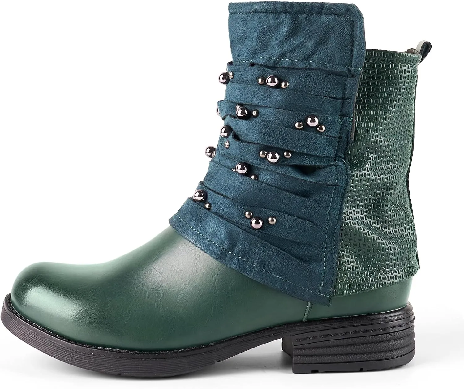 LALA IKAI Women's Combat Boots Motorcycle Ankle Fashion Boots with Studded Low Block Chunky Heels Biker Booties Shoes