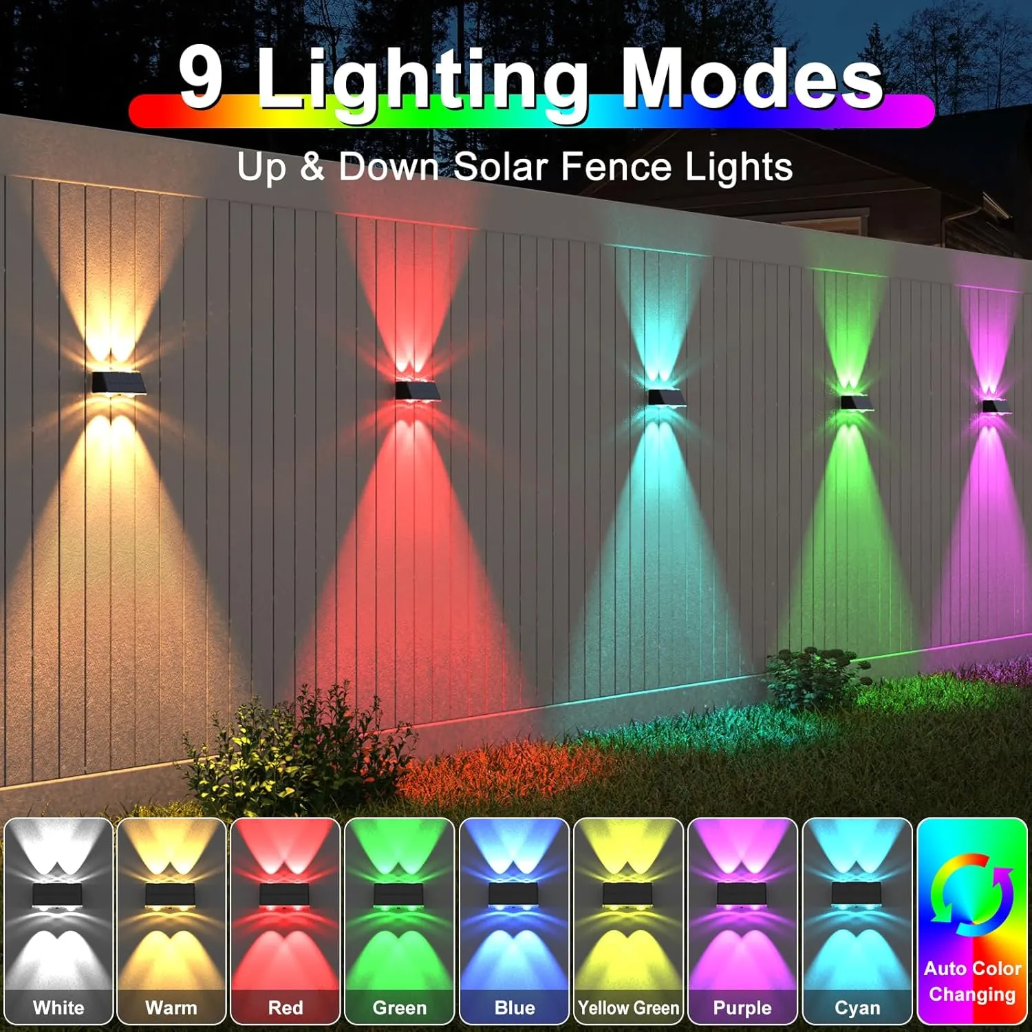 LANSOW Solar Fence Lights 2 Pack, Solar Powered Lights Outdoor Waterproof, 9-Mode Warm/Cool White & RGB Up-Down Led Spot Wall Lights Dusk to Dawn Decor for Backyard, Deck, Patio, Pool, Railing(Black)