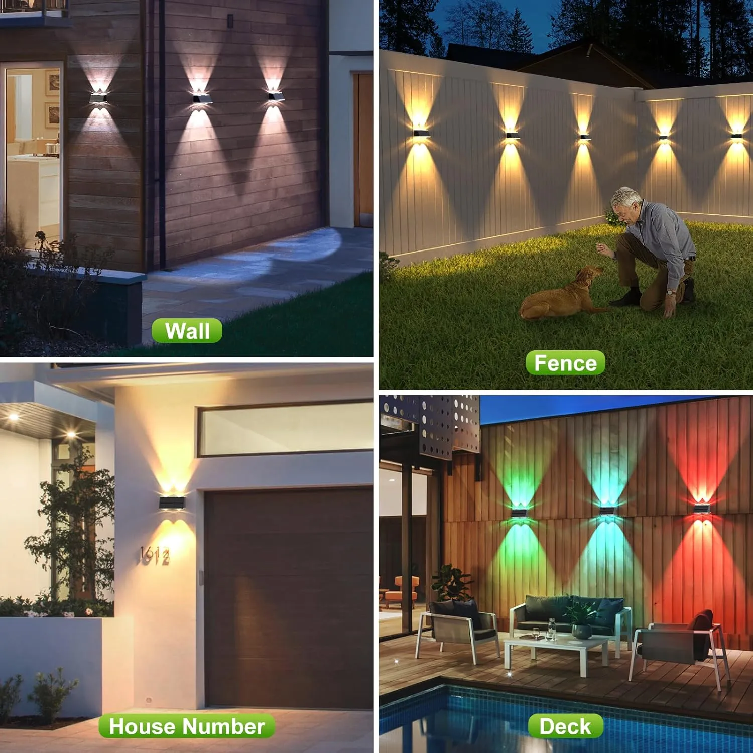 LANSOW Solar Fence Lights 2 Pack, Solar Powered Lights Outdoor Waterproof, 9-Mode Warm/Cool White & RGB Up-Down Led Spot Wall Lights Dusk to Dawn Decor for Backyard, Deck, Patio, Pool, Railing(Black)