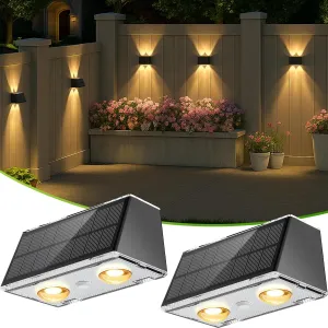 LANSOW Solar Fence Lights 2 Pack, Solar Powered Lights Outdoor Waterproof, 9-Mode Warm/Cool White & RGB Up-Down Led Spot Wall Lights Dusk to Dawn Decor for Backyard, Deck, Patio, Pool, Railing(Black)
