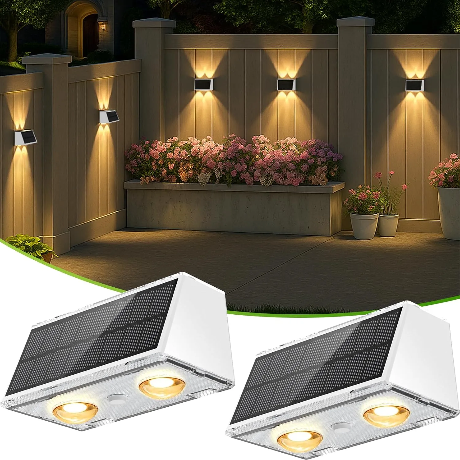 LANSOW Solar Fence Lights 2 Pack, Solar Powered Lights Outdoor Waterproof, 9-Mode Warm/Cool White & RGB Up-Down Led Spot Wall Lights Dusk to Dawn Decor for Backyard, Deck, Patio, Pool, Railing(White)