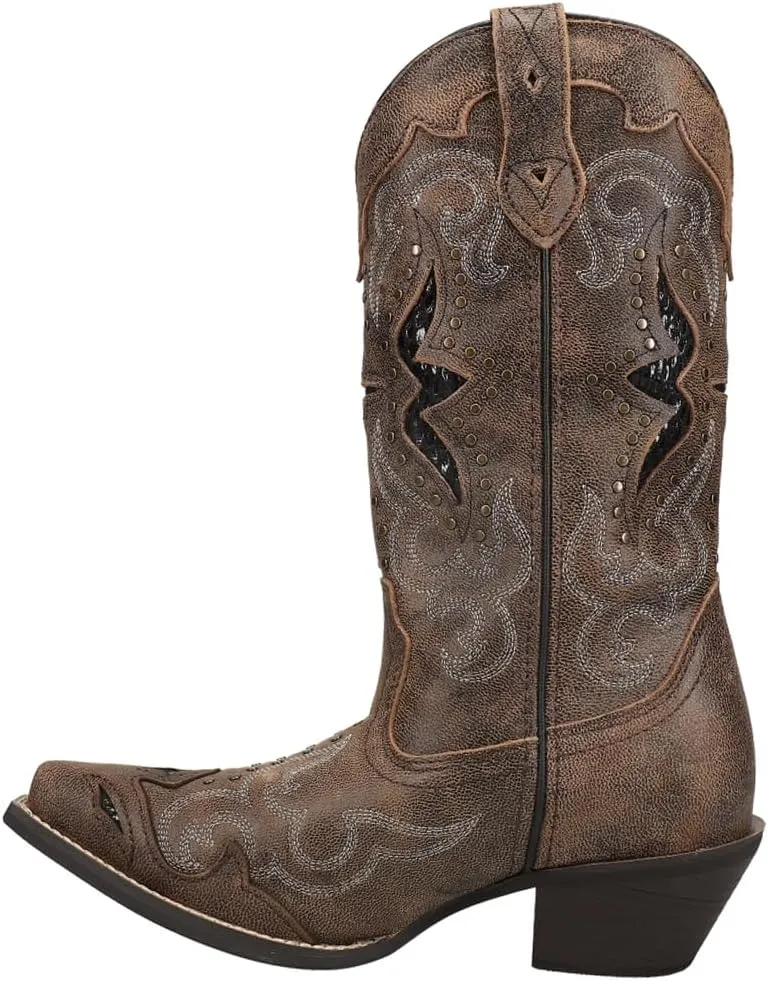 Laredo Womens Lucretia Tooled-Inlay Embroidery Studded Snip Toe Dress Boots Mid Calf Mid Heel 2-3" - Brown