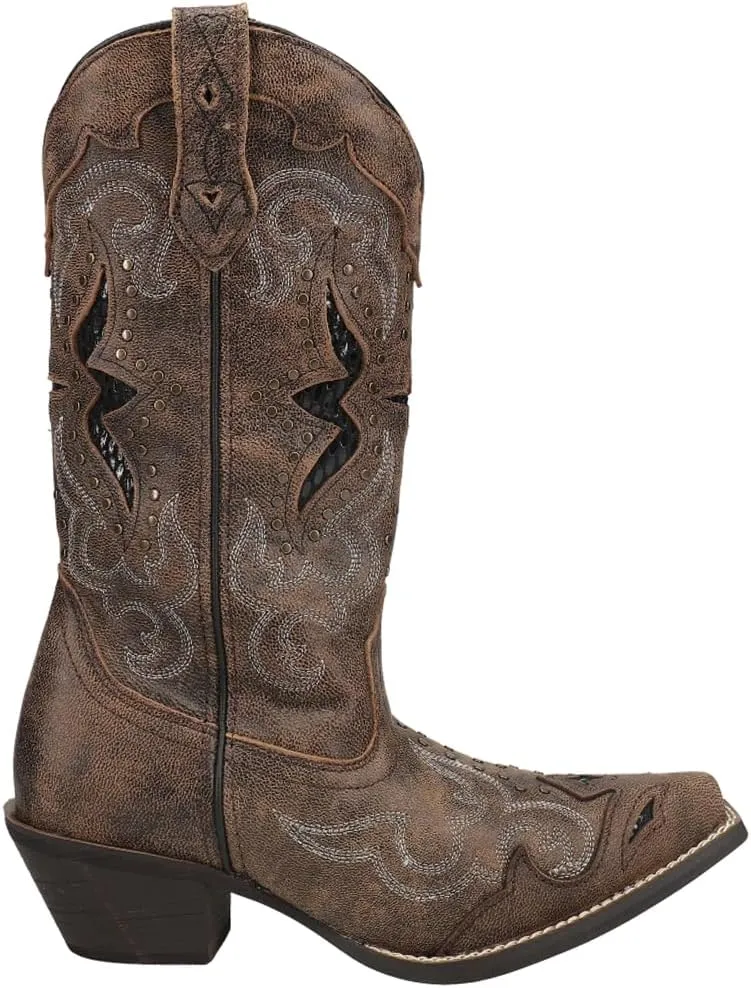Laredo Womens Lucretia Tooled-Inlay Embroidery Studded Snip Toe Dress Boots Mid Calf Mid Heel 2-3" - Brown