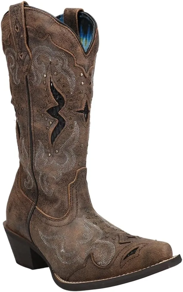 Laredo Womens Lucretia Tooled-Inlay Embroidery Studded Snip Toe Dress Boots Mid Calf Mid Heel 2-3" - Brown