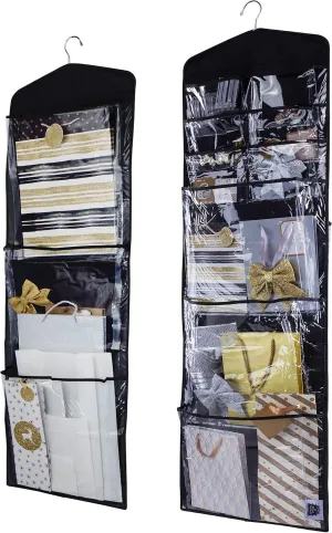 Large Double-Sided Hanging Gift Bag Organizer and Tissue Paper Holder (Black)