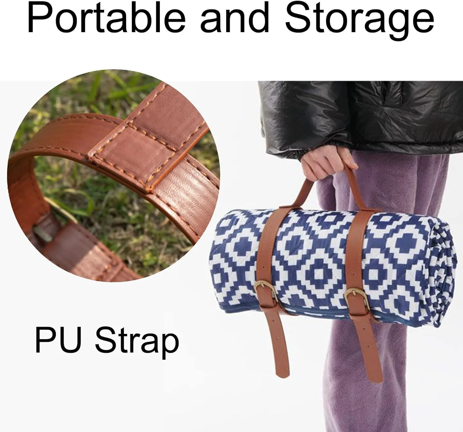 Large Picnic Blanket with Carry Strap, Waterproof Sandproof Beach Mat with Single Cushion, Portable Family Blanket for Park Beach Picnic Travel Hiking