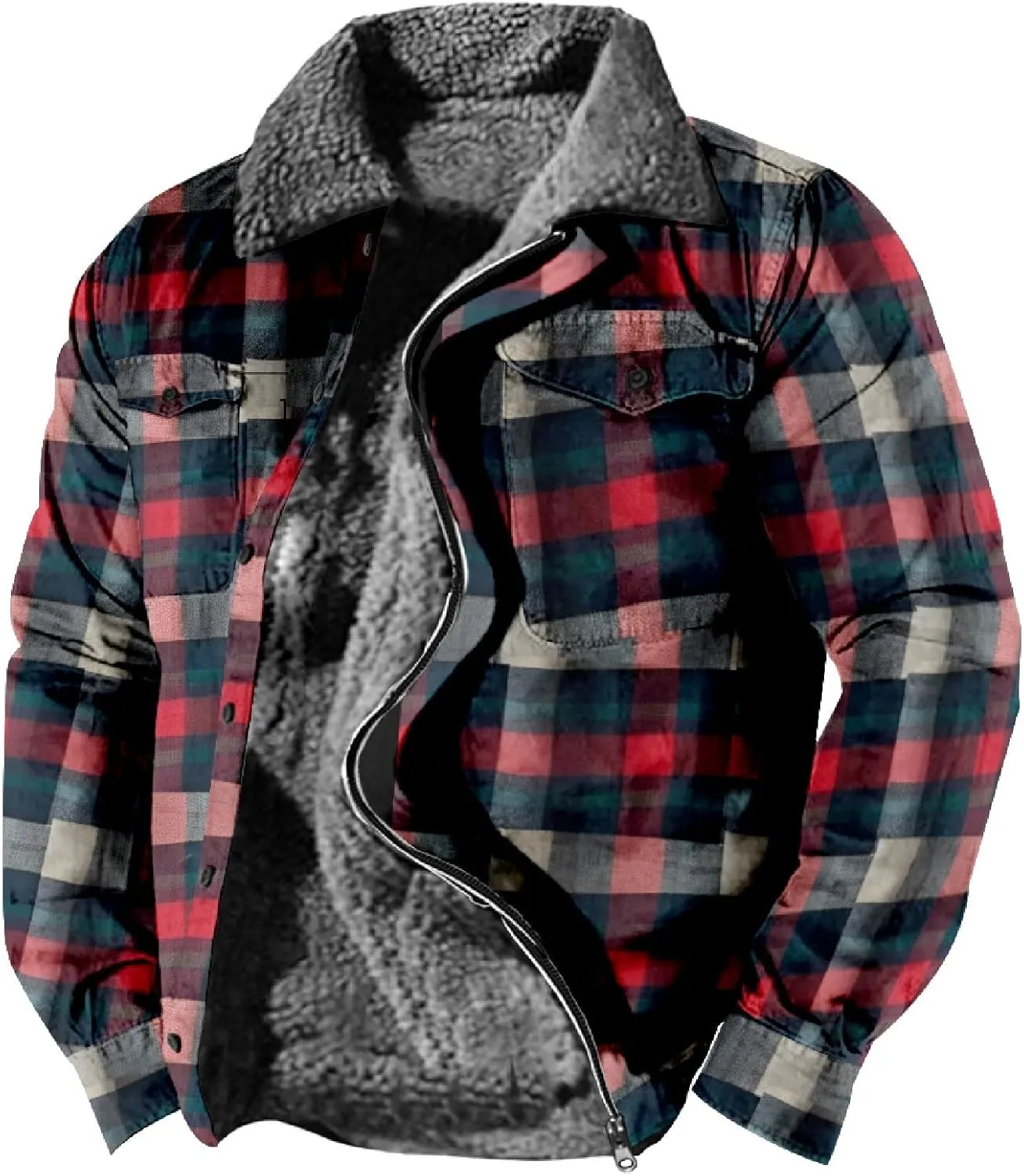 LCMTWX Fleece Plaid Flannel Jacket Pocket Hooded Padded Loose Shirt Top Jacket Coats Shirt Plaid Cotton Hoodies Men Plus