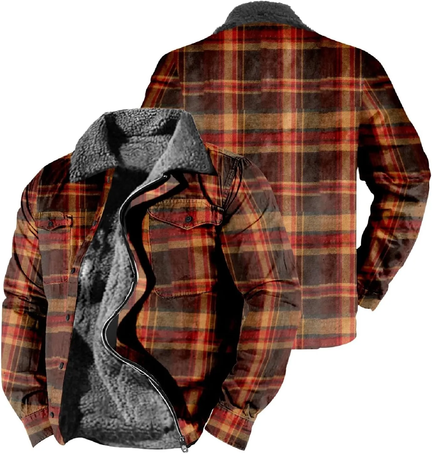 LCMTWX Fleece Plaid Flannel Jacket Pocket Hooded Padded Loose Shirt Top Jacket Coats Shirt Plaid Cotton Hoodies Men Plus