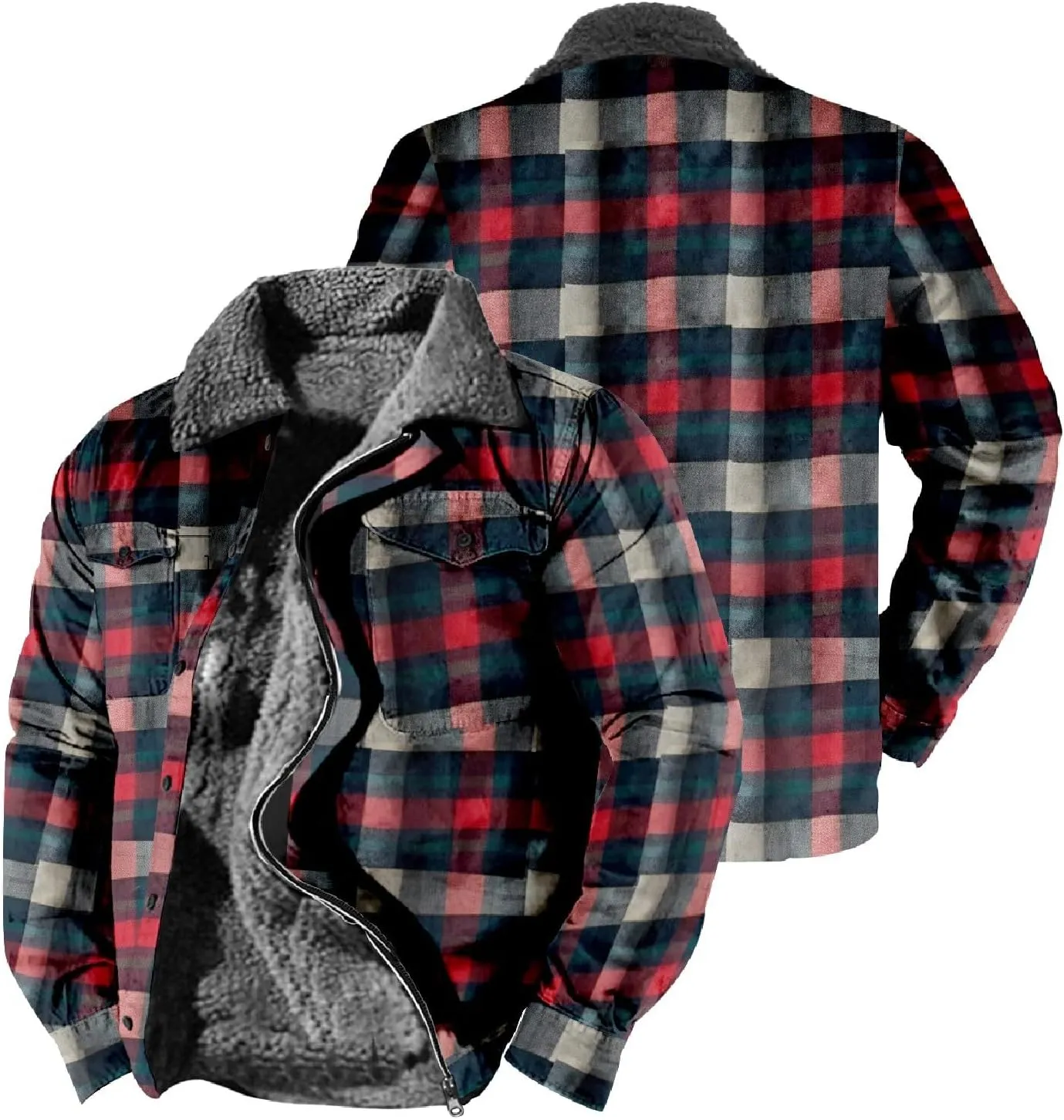 LCMTWX Fleece Plaid Flannel Jacket Pocket Hooded Padded Loose Shirt Top Jacket Coats Shirt Plaid Cotton Hoodies Men Plus