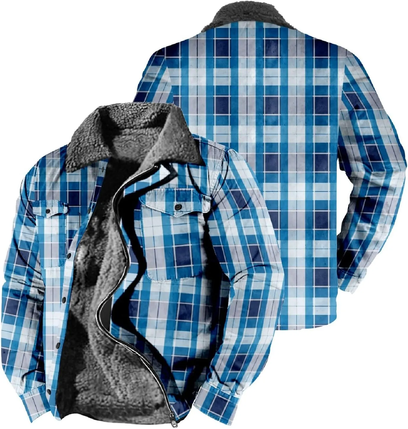 LCMTWX Fleece Plaid Flannel Jacket Pocket Hooded Padded Loose Shirt Top Jacket Coats Shirt Plaid Cotton Hoodies Men Plus