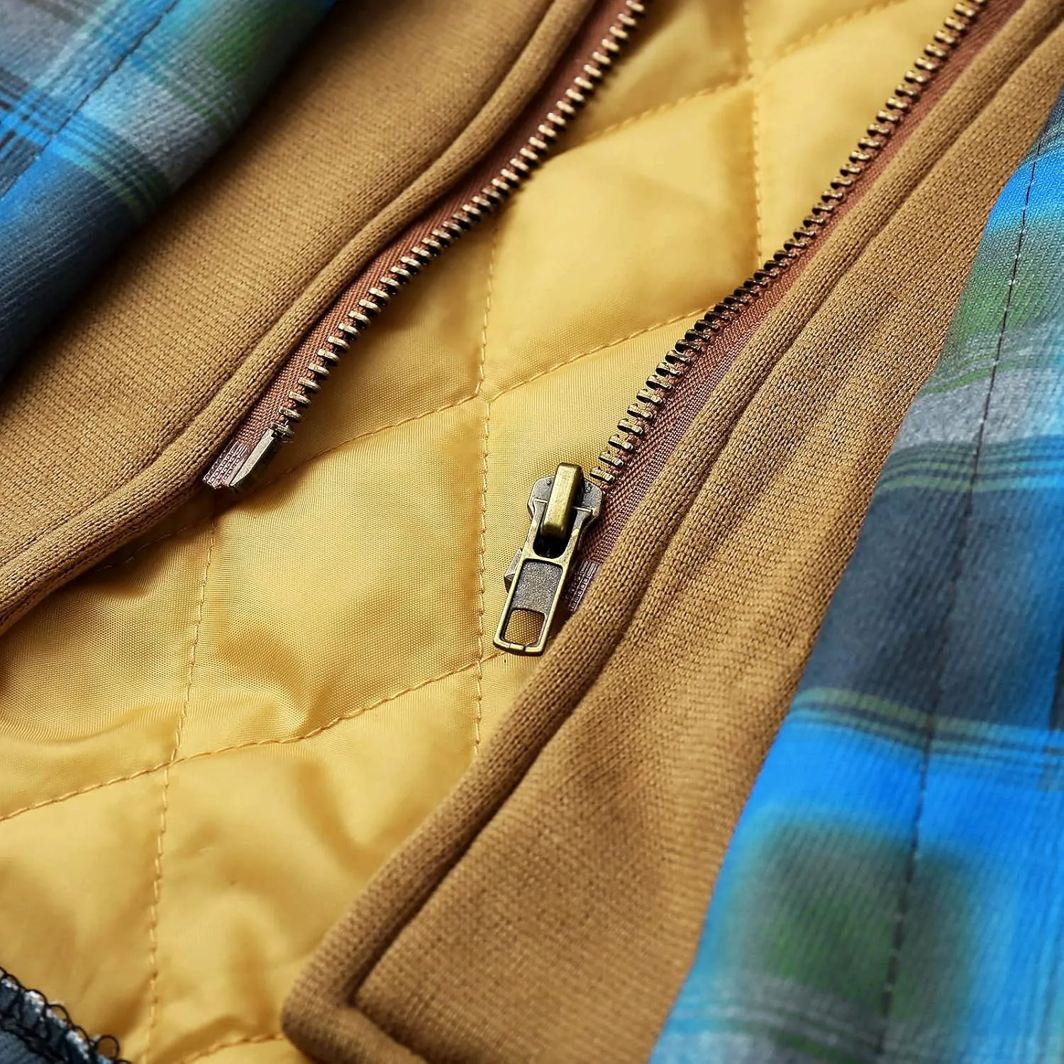 LCMTWX Men's Cotton Plaid Shirts Jacket Print Hooded Zipper Pocket Long Sleeve Shirt Patchwork Soft Warm Coat for Men with