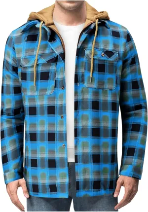 LCMTWX Men's Cotton Plaid Shirts Jacket Print Hooded Zipper Pocket Long Sleeve Shirt Patchwork Soft Warm Coat for Men with