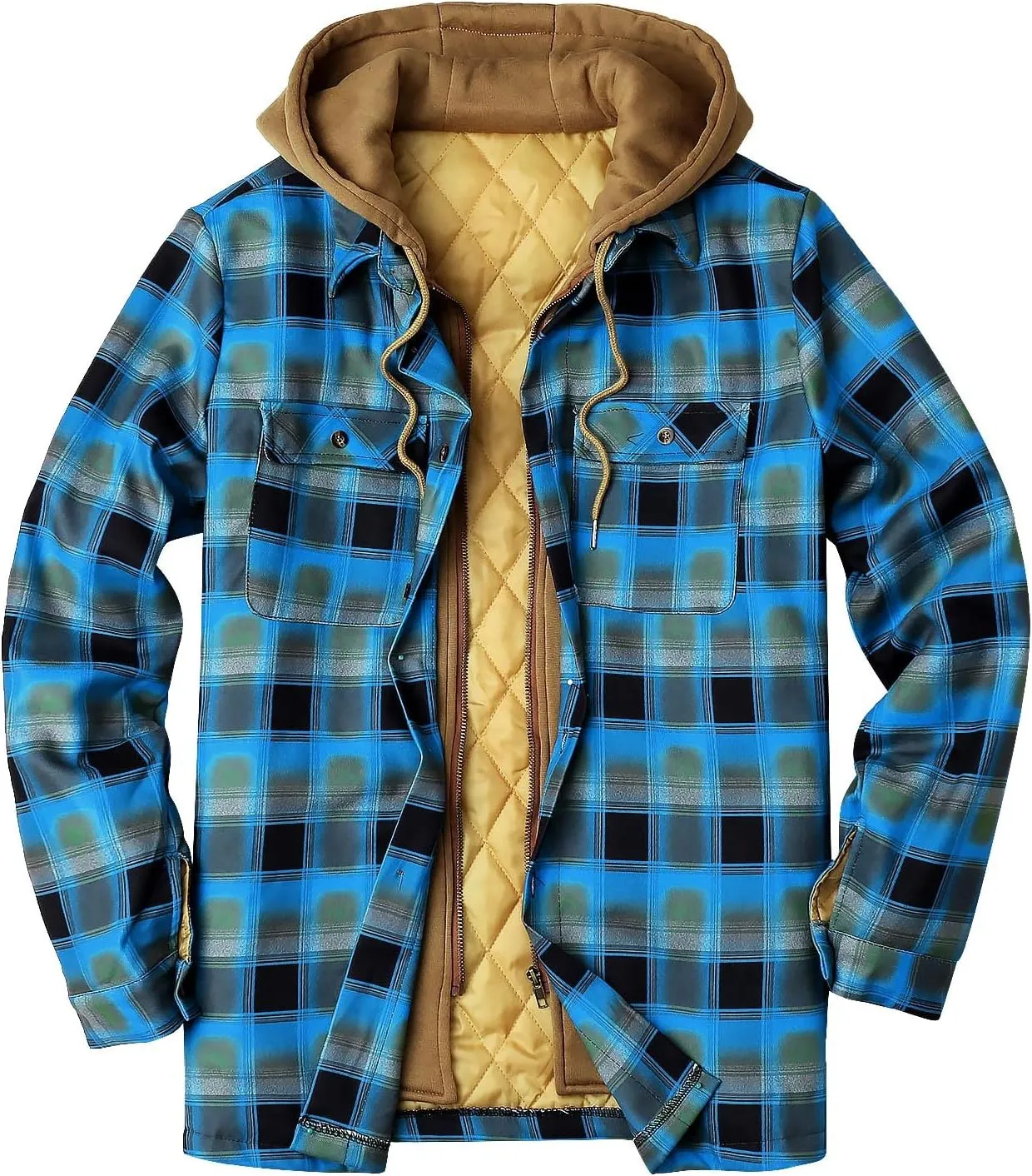LCMTWX Men's Cotton Plaid Shirts Jacket Print Hooded Zipper Pocket Long Sleeve Shirt Patchwork Soft Warm Coat for Men with