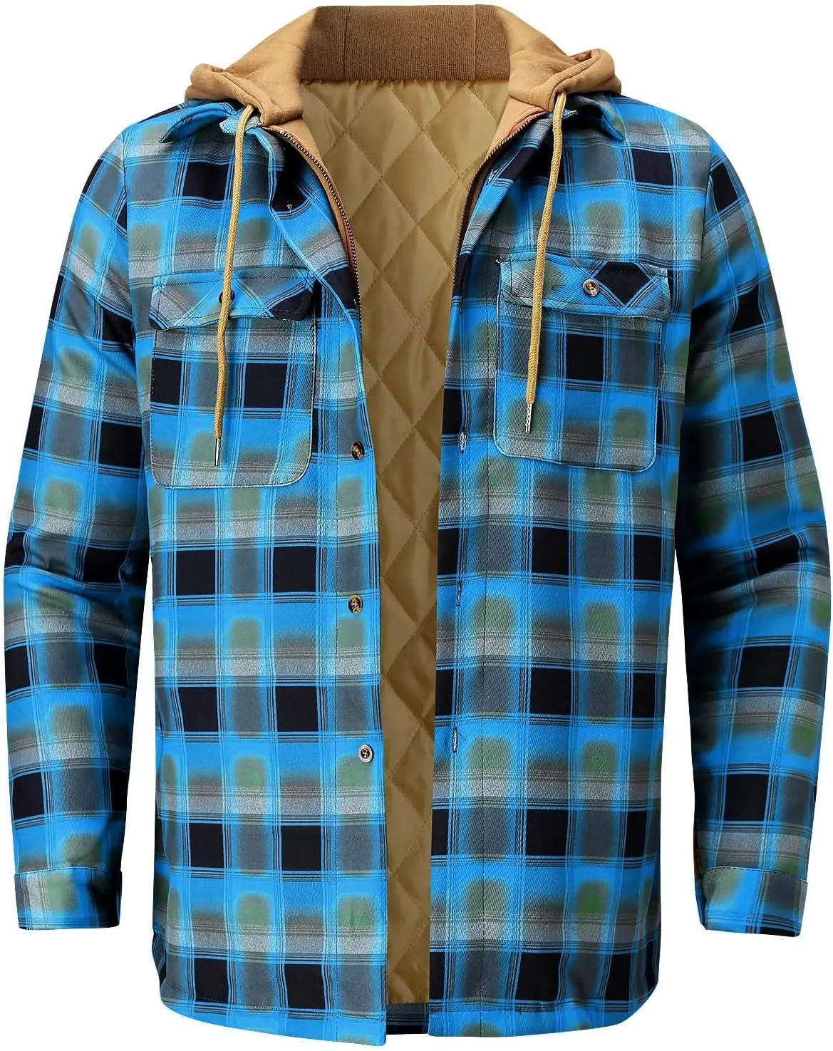LCMTWX Men's Cotton Plaid Shirts Jacket Print Hooded Zipper Pocket Long Sleeve Shirt Patchwork Soft Warm Coat for Men with