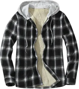 LCMTWX Men's Flannel Jackets Large Plaid Lapel Pocket Plus Velvet Coat Shirt Top Coat with Zipper with Hood for