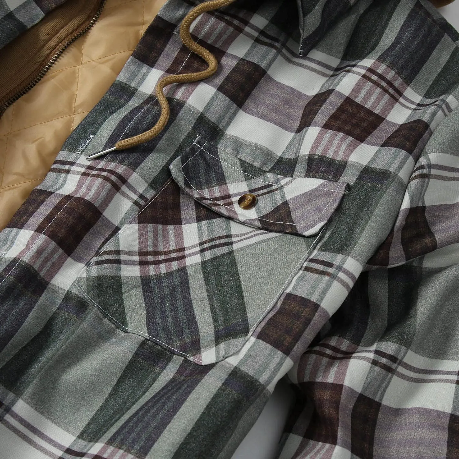 LCMTWX Men's Fleece Flannel Jackets Print Hooded Zipper Pocket Long Sleeve Shirt Patchwork Jacket Casual Loose Thickened