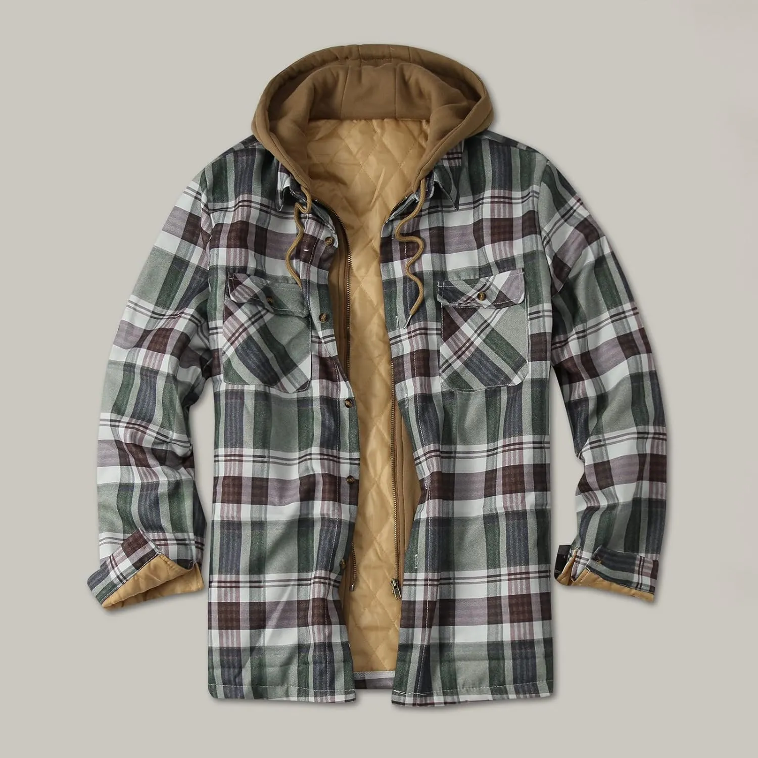 LCMTWX Men's Fleece Flannel Jackets Print Hooded Zipper Pocket Long Sleeve Shirt Patchwork Jacket Casual Loose Thickened