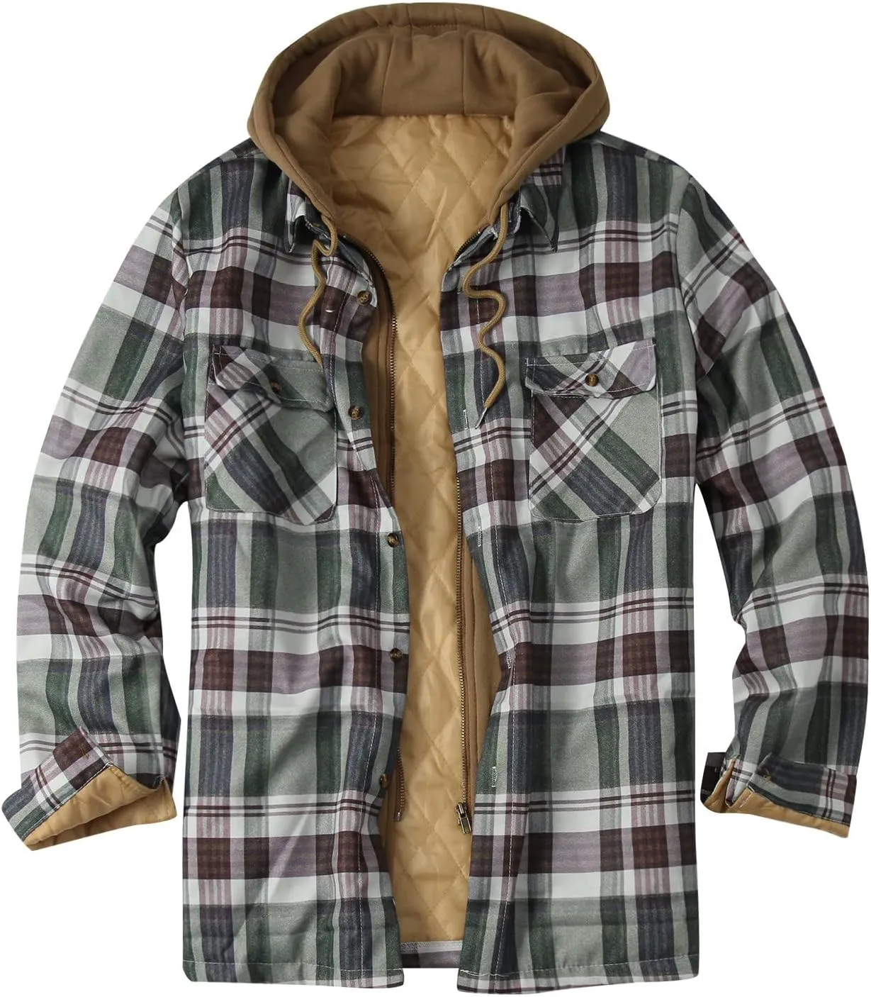 LCMTWX Men's Fleece Flannel Jackets Print Hooded Zipper Pocket Long Sleeve Shirt Patchwork Jacket Casual Loose Thickened