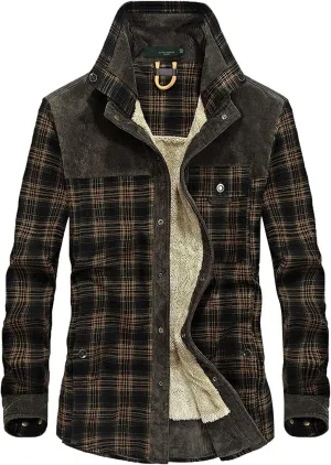 LCMTWX Men's Fleece Lined Flannel Shirt Jacket Button Down Pocket Long Sleeve Shirt Patchwork Jacket Casual Long Sleeve