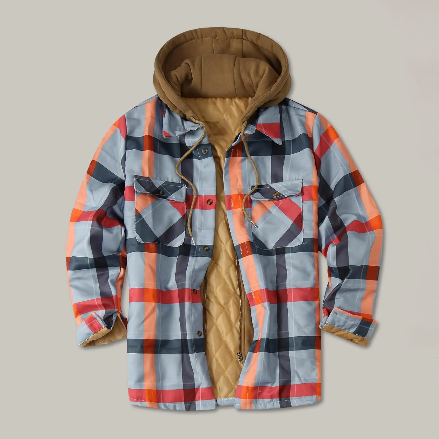 LCMTWX Men's Fleece Lined Flannel Shirt Jacket Hooded Zipper Pocket Long Sleeve Shirt Patchwork Jacket Loose Thickened
