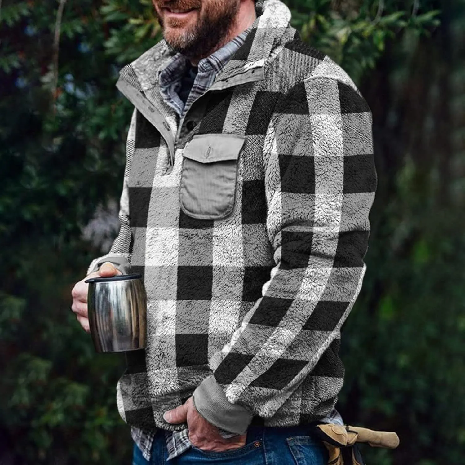 LCMTWX Men's Fleece Lined Flannel Shirt Jacket Sweatshirt Jacket Button Collar Warm Sweater Coat Shirt Plaid Cotton