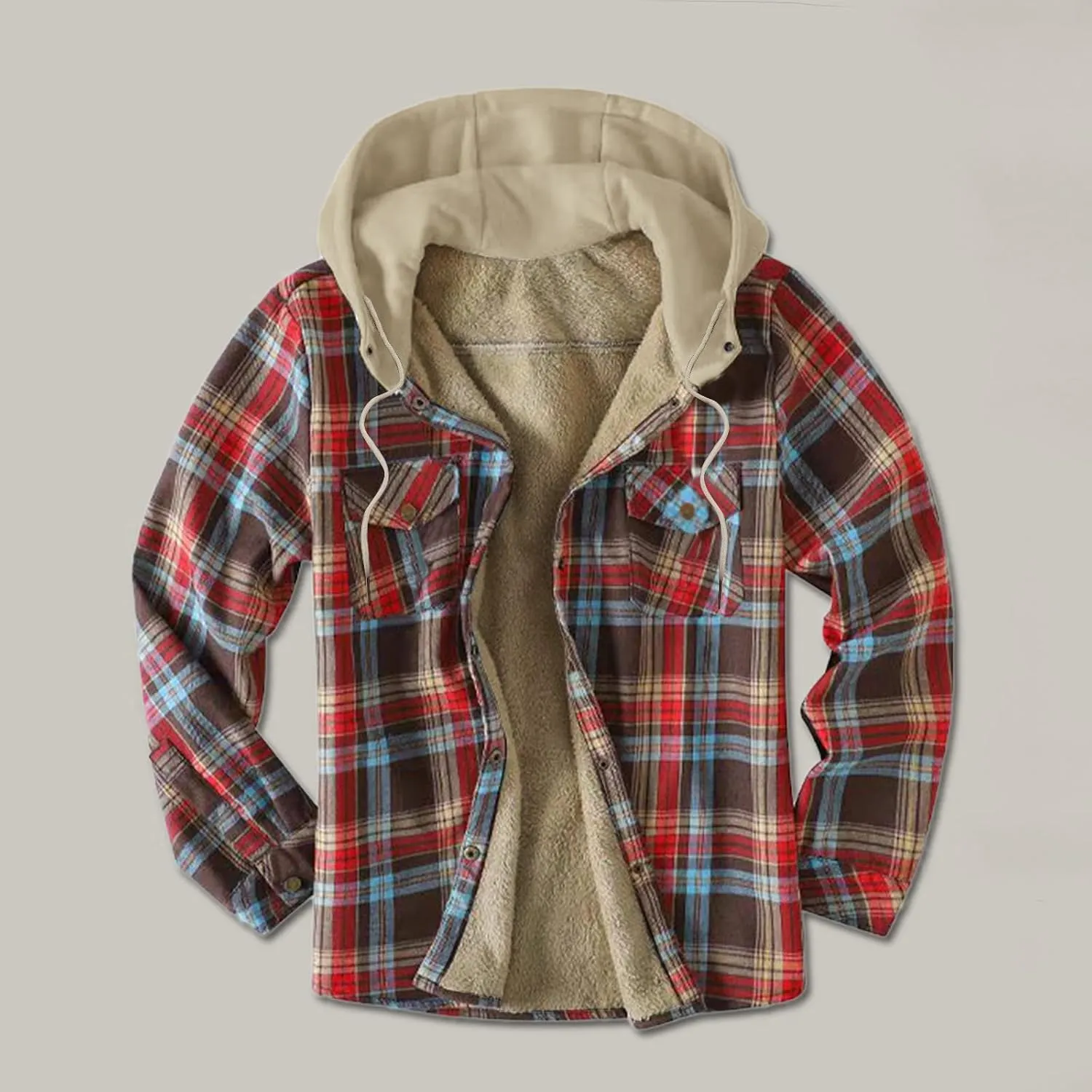 LCMTWX Men's Hooded Shirt Jacket Plaid Pocket Hooded Loose Coat Plus Velvet Shirt Top Casual Long Sleeve Lined Hooded Plaid