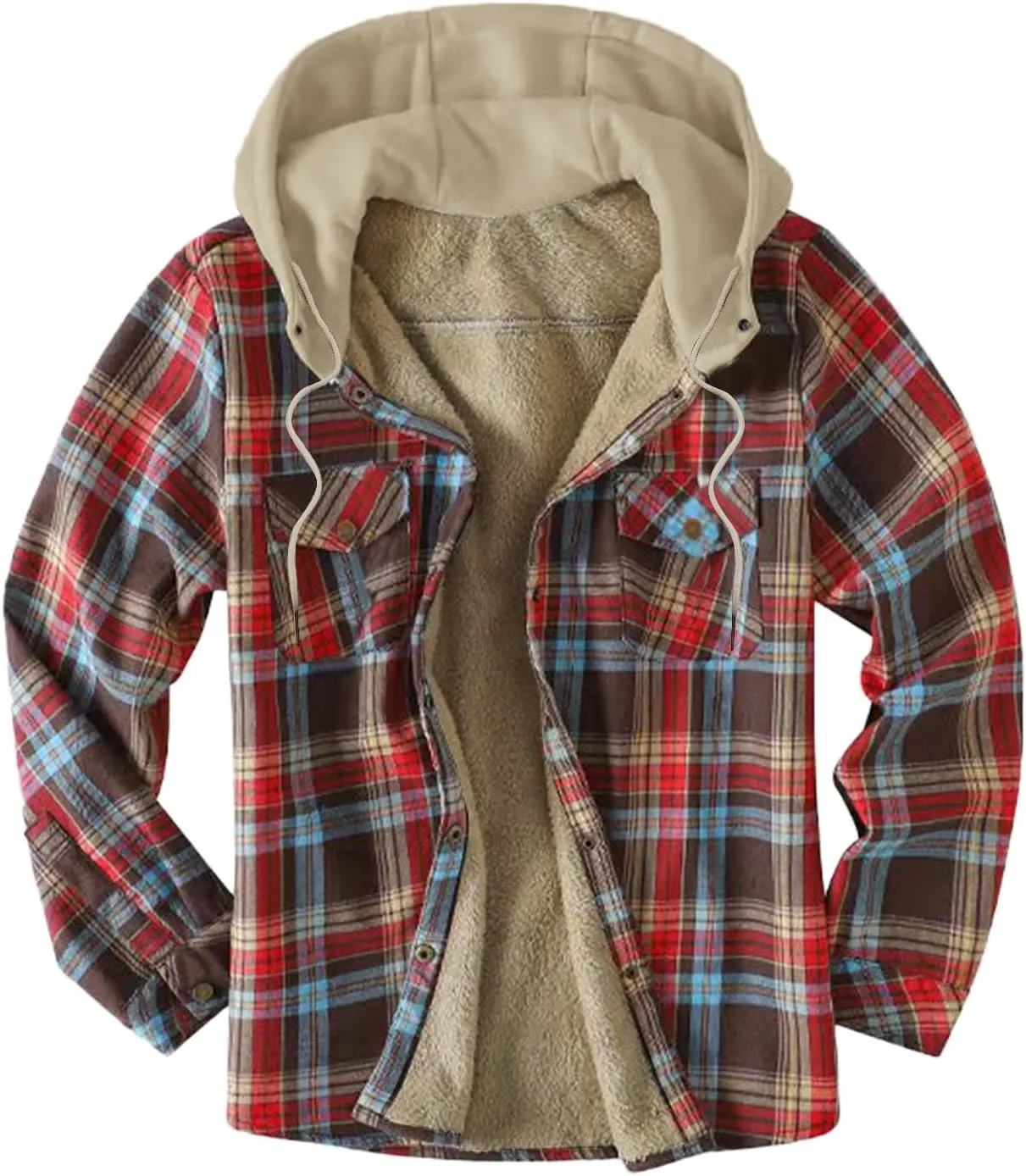 LCMTWX Men's Hooded Shirt Jacket Plaid Pocket Hooded Loose Coat Plus Velvet Shirt Top Casual Long Sleeve Lined Hooded Plaid