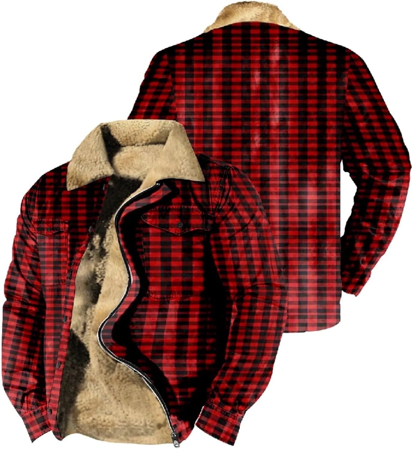 LCMTWX Mens Plaid Flannel Jacket Plaid Print Hooded Zipper Pocket Long Sleeve Shirt Patchwork Jacket Loose Thickened Casual
