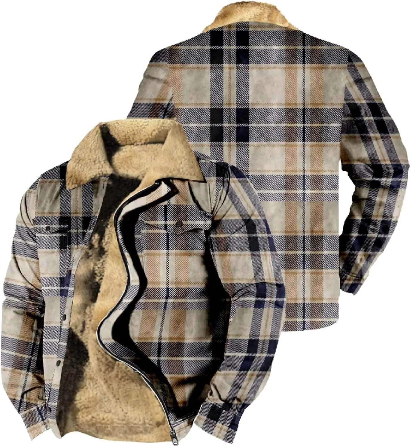 LCMTWX Mens Plaid Flannel Jacket Plaid Print Hooded Zipper Pocket Long Sleeve Shirt Patchwork Jacket Loose Thickened Casual