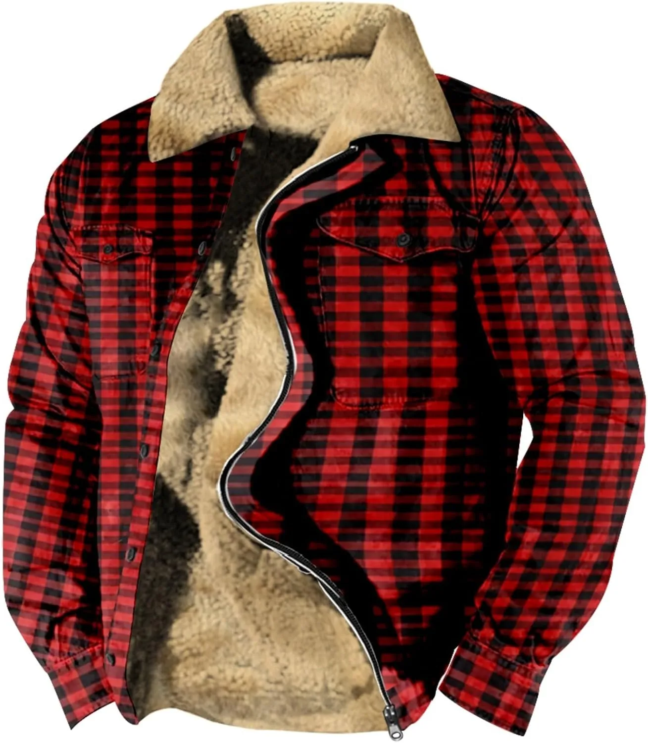 LCMTWX Mens Plaid Flannel Jacket Plaid Print Hooded Zipper Pocket Long Sleeve Shirt Patchwork Jacket Loose Thickened Casual